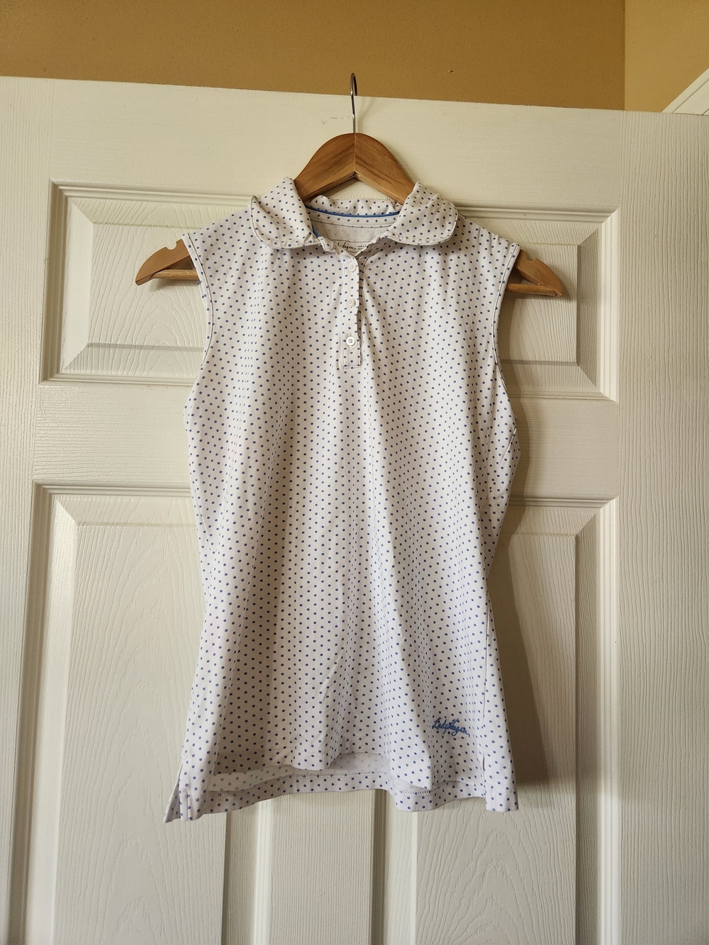 Sleeveless White Polo Tank with Blue Microdots